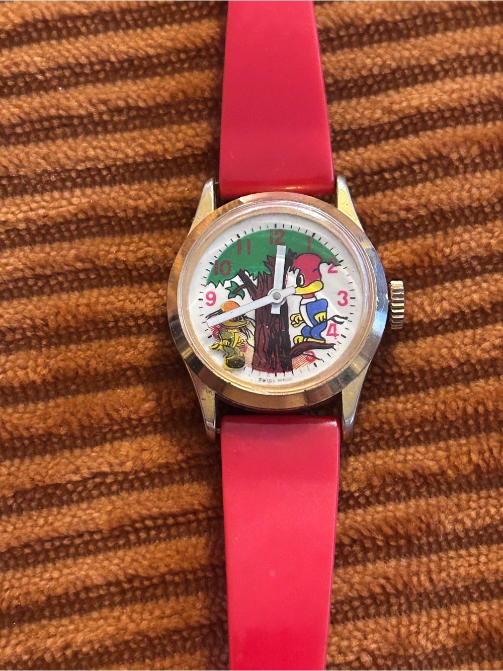Red vintage woodpecker watch Cartoon Character 14mm band Swiss made unique rare